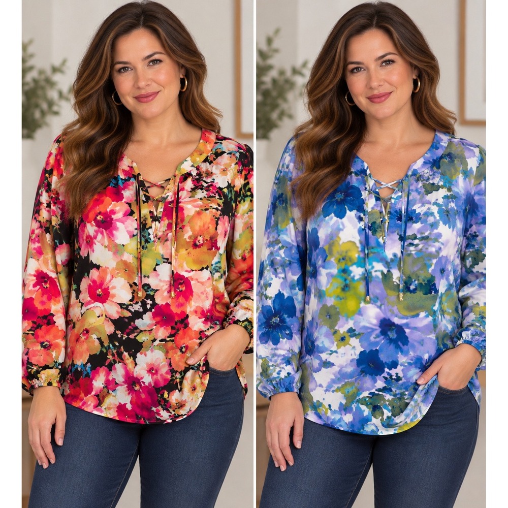 Susan Graver 2 Floral Lace Up Top Women 1X Multi Color Liquid Knit Stretch Boho